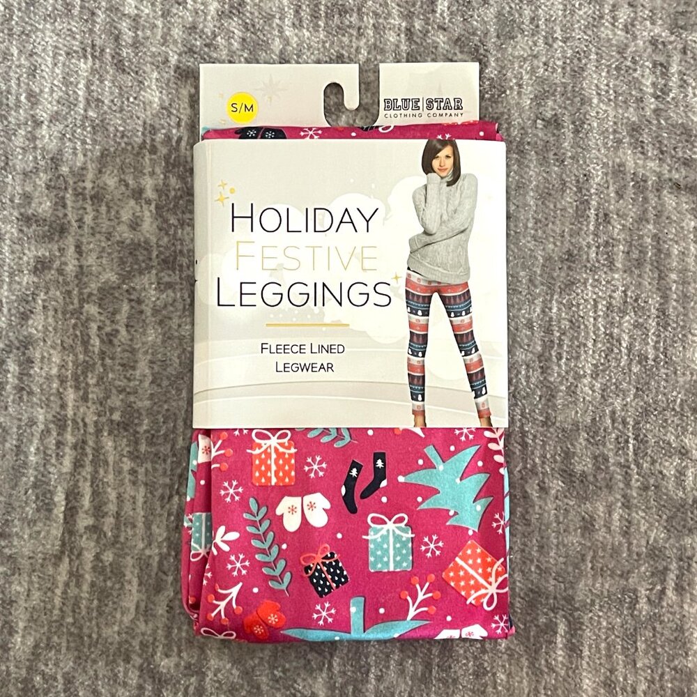 New Blue Star Pink Holiday Christmas Festive Leggings Fleece Lined S/M Small Med